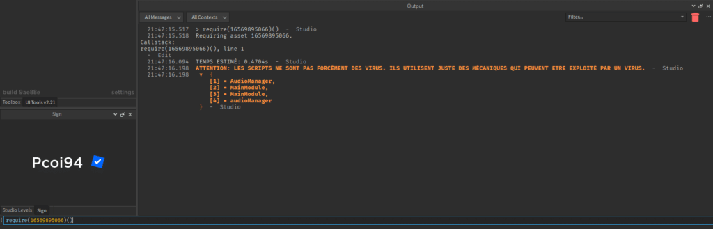 Alerte de virus Roblox Studio montrant un modèle infecté ou un script dangereux.