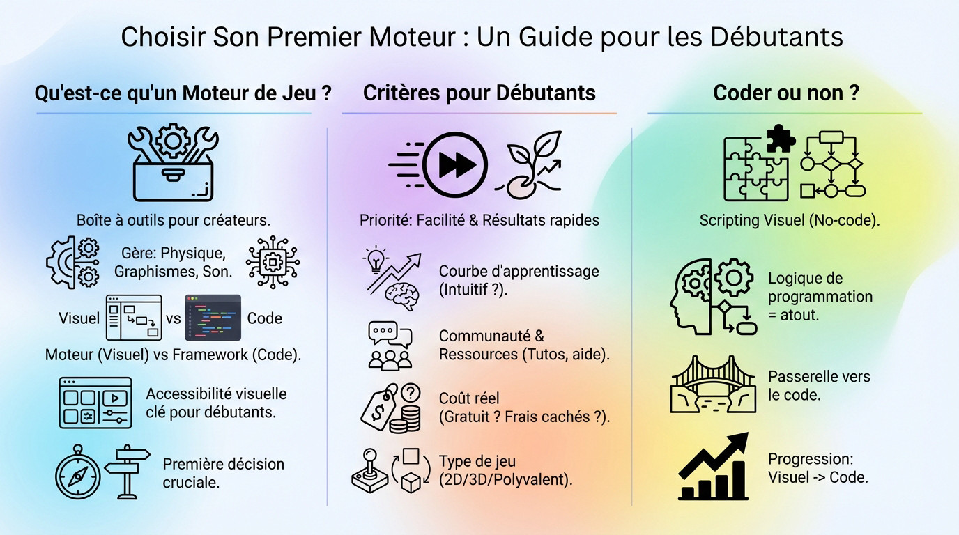 Illustration montrant une comparaison visuelle entre différents moteurs de jeu pour aider les débutants à choisir