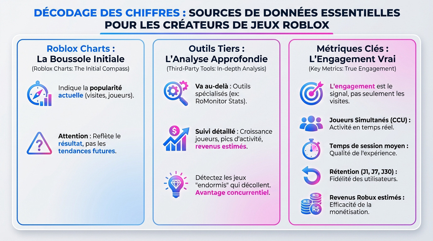 Interface d'analyse de données Roblox montrant des graphiques de croissance et des statistiques de joueurs