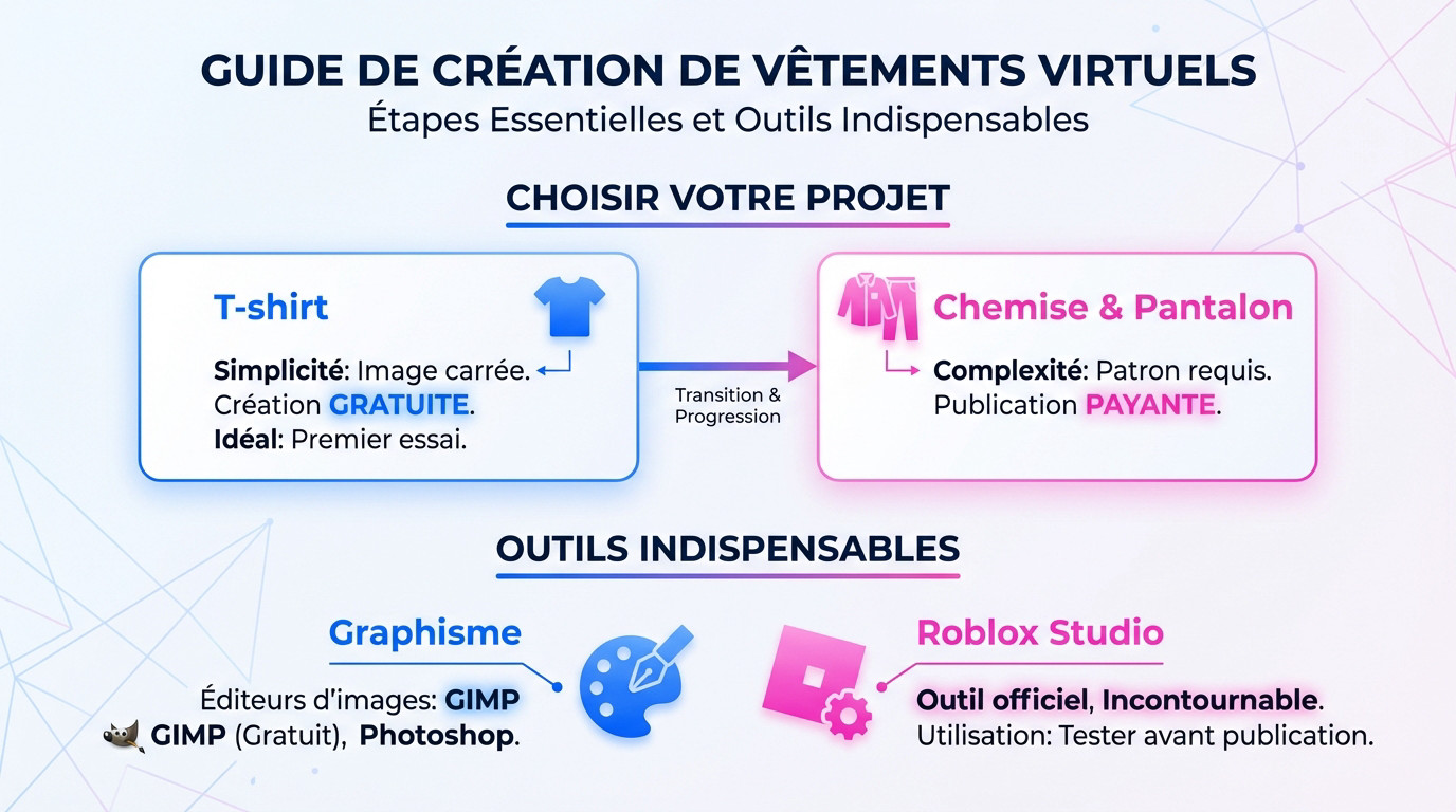 Interface de création de vêtements sur Roblox montrant un patron 2D et un avatar 3D