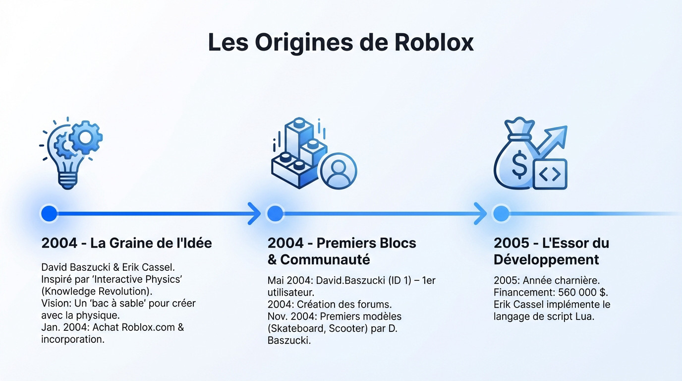 Illustration des débuts de Roblox montrant les premiers concepts de blocs et de physique