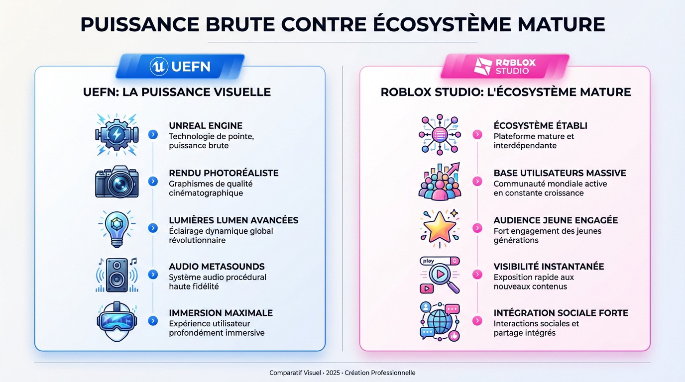 Comparaison visuelle entre les graphismes photoréalistes de l'UEFN et l'esthétique stylisée de Roblox Studio