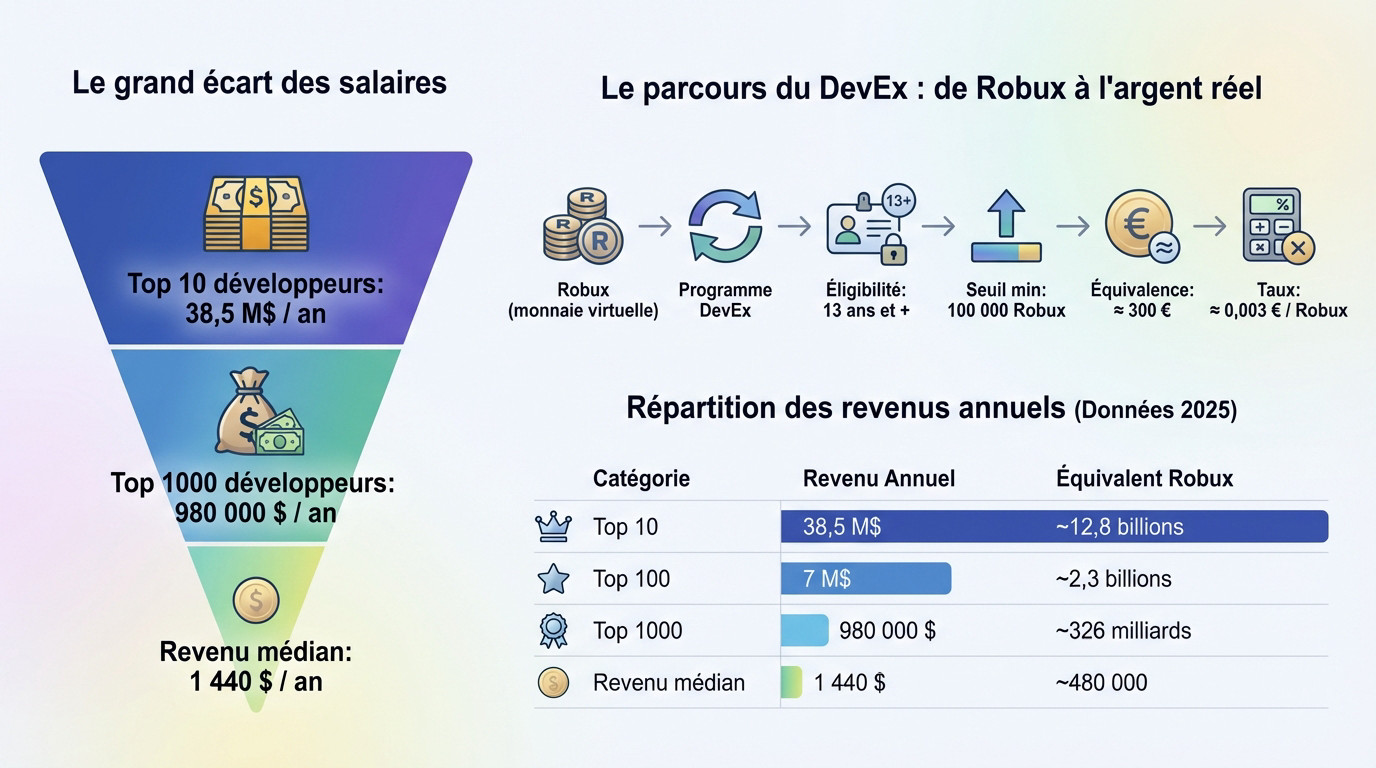 Graphique illustrant la répartition inégale des revenus des développeurs Roblox et le processus de conversion DevEx