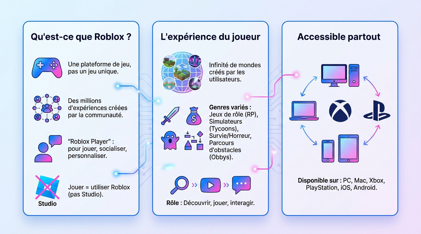 Interface de jeu Roblox montrant la diversité des expériences accessibles au joueur