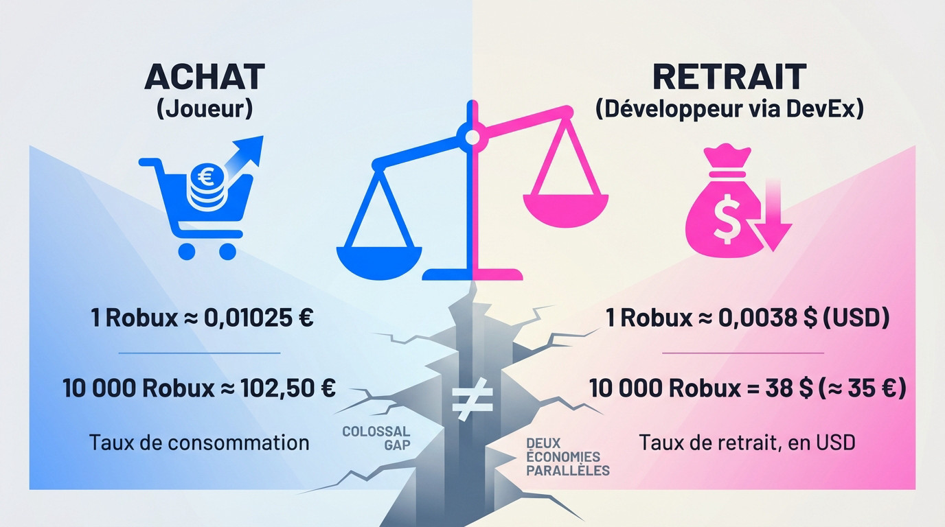 Graphique montrant lécart entre le prix dachat des Robux et le montant récupéré via DevEx