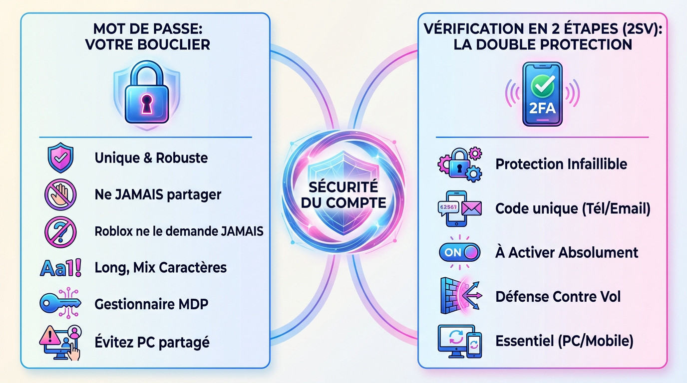 Interface de sécurité Roblox montrant les options de mot de passe et de vérification en deux étapes